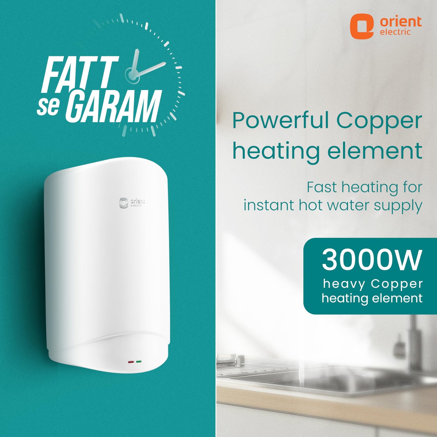 Orient Electric Aura Instant Pro 3L Instant Geyser for Kitchen & Bathroom| 3000W Powerful Heating Element Instant Water Heater | SS Tank | For Low & Mid Rise Buildings| 5 years warranty by Orient 