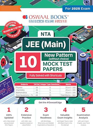 Oswaal NTA JEE (Main) 10 New Pattern Mock Test Papers Book | Fully Solved with Shortcuts | For the 2025 Exam 