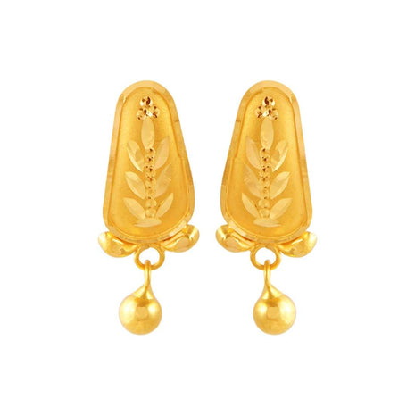 P.C. Chandra Jewellers 22KT (916) Yellow Gold Dangle Stud Earrings For Women & Girls With Fine Leaf Engraving And Ball Drop - 0.98 Grams 