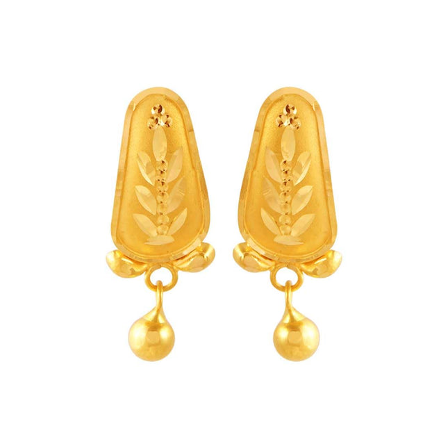 P.C. Chandra Jewellers 22KT (916) Yellow Gold Dangle Stud Earrings For Women & Girls With Fine Leaf Engraving And Ball Drop - 0.98 Grams 