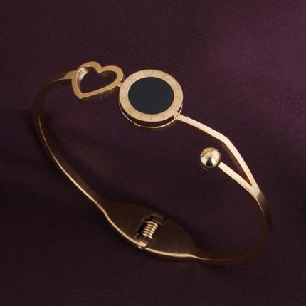 PALMONAS Heart and Black Onyx Bangle Bracelet for Womens - Waterproof & Anti-Tarnish 