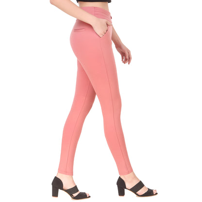 Most Comfortable Women's Mid-Waist Jeggings with 2 Front Pockets - Pink
