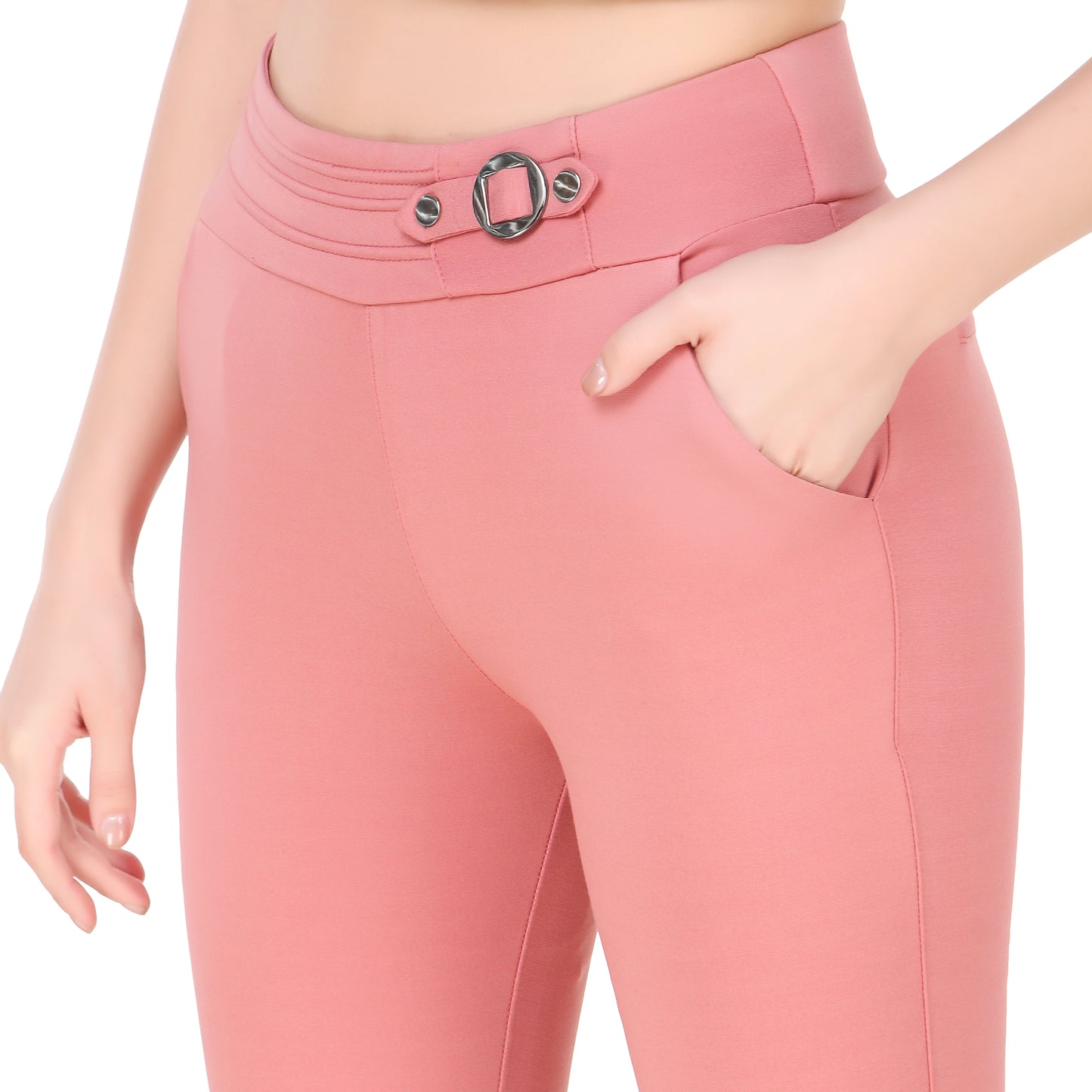 Most Comfortable Women's Mid-Waist Jeggings with 2 Front Pockets - Pink