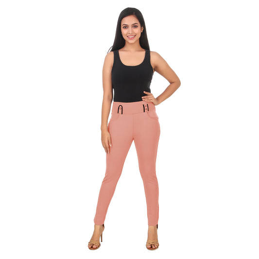 ComfortFit Women's Mid-Waist Jeggings with 2 Front Pockets - Pink