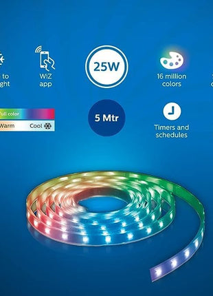 PHILIPS 5 meter Wi-Fi Smart LED Strip Light with Music Sync, Voice Control & Dimmable feature | Color changing RGB strip light for ceiling coves, tv and gaming monitors back lighting | Pack of 2 (Wiz) 
