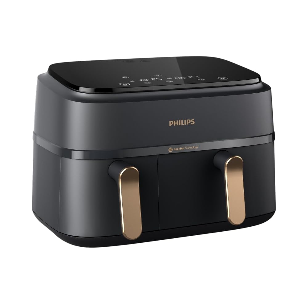 PHILIPS Air Fryer NA352/00 with Rapid Air Technology, 9L capacity, Dual basket (6L & 3L) for full oven tray cooking, 8 Preset Menus, Intuitive touch control, 90% less oil, 500+ Recipes, Extra Large price under 20000