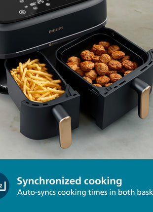 PHILIPS Air Fryer NA352/00 with Rapid Air Technology, 9L capacity, Dual basket (6L & 3L) for full oven tray cooking, 8 Preset Menus, Intuitive touch control, 90% less oil, 500+ Recipes, Extra Large 