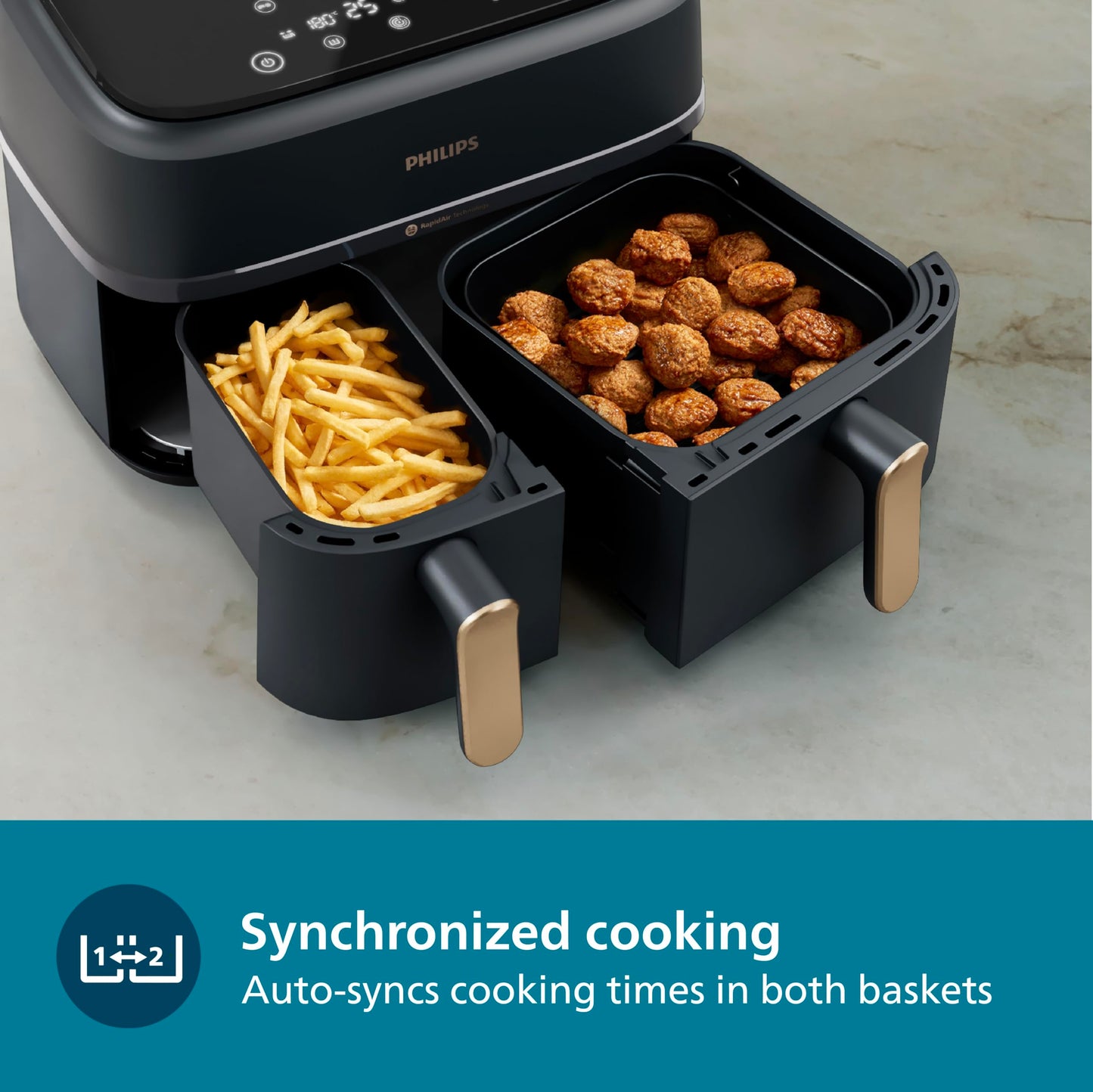 PHILIPS Air Fryer NA352/00 with Rapid Air Technology, 9L capacity, Dual basket (6L & 3L) for full oven tray cooking, 8 Preset Menus, Intuitive touch control, 90% less oil, 500+ Recipes, Extra Large 