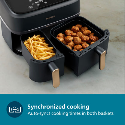 PHILIPS Air Fryer NA352/00 with Rapid Air Technology, 9L capacity, Dual basket (6L & 3L) for full oven tray cooking, 8 Preset Menus, Intuitive touch control, 90% less oil, 500+ Recipes, Extra Large 