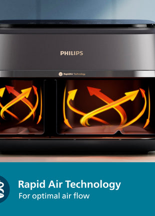 PHILIPS Air Fryer NA352/00 with Rapid Air Technology, 9L capacity, Dual basket (6L & 3L) for full oven tray cooking, 8 Preset Menus, Intuitive touch control, 90% less oil, 500+ Recipes, Extra Large 