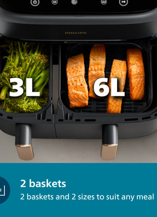 PHILIPS Air Fryer NA352/00 with Rapid Air Technology, 9L capacity, Dual basket (6L & 3L) for full oven tray cooking, 8 Preset Menus, Intuitive touch control, 90% less oil, 500+ Recipes, Extra Large 