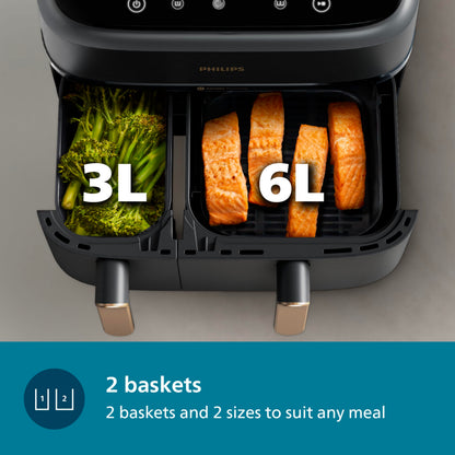 PHILIPS Air Fryer NA352/00 with Rapid Air Technology, 9L capacity, Dual basket (6L & 3L) for full oven tray cooking, 8 Preset Menus, Intuitive touch control, 90% less oil, 500+ Recipes, Extra Large 