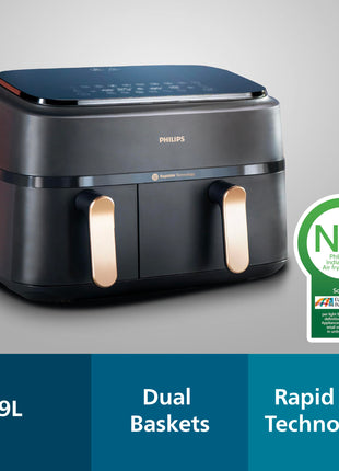 PHILIPS Air Fryer NA352/00 with Rapid Air Technology, 9L capacity, Dual basket (6L & 3L) for full oven tray cooking, 8 Preset Menus, Intuitive touch control, 90% less oil, 500+ Recipes, Extra Large 