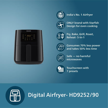 PHILIPS Digital Airfryer with Touch Panel, 4.1L, with RapidAir Technology,with additional 1 Yr Warranty by Philips, 7 Pre-set Menu (HD9252/90)(Black), Large 