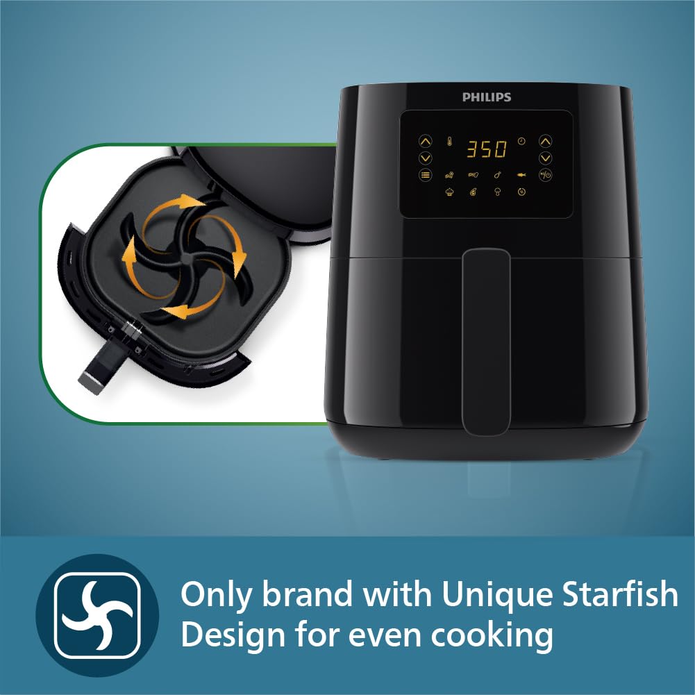 PHILIPS Digital Airfryer with Touch Panel, 4.1L, with RapidAir Technology,with additional 1 Yr Warranty by Philips, 7 Pre-set Menu (HD9252/90)(Black), Large 