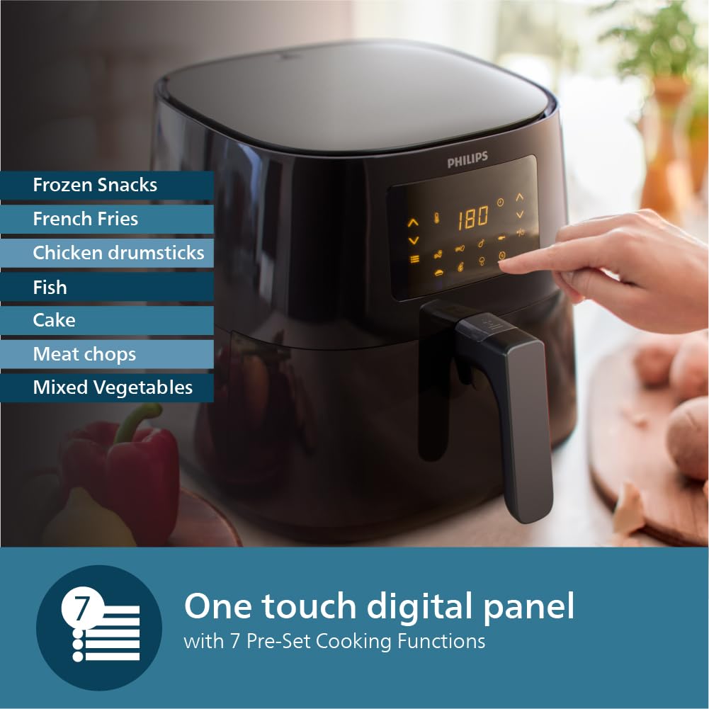 PHILIPS Digital Airfryer with Touch Panel, 4.1L, with RapidAir Technology,with additional 1 Yr Warranty by Philips, 7 Pre-set Menu (HD9252/90)(Black), Large 