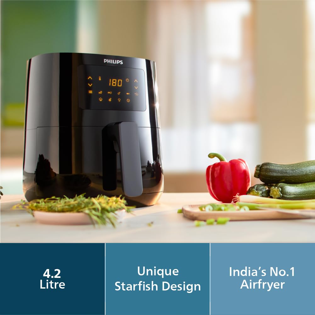 PHILIPS Digital Airfryer with Touch Panel, 4.1L, with RapidAir Technology,with additional 1 Yr Warranty by Philips, 7 Pre-set Menu (HD9252/90)(Black), Large 