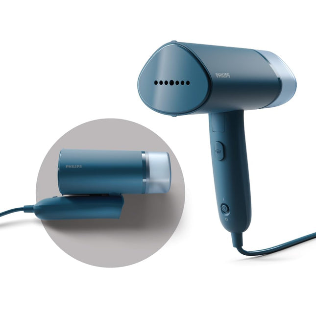 PHILIPS Handheld Garment Steamer STH3000/20 - Compact & Foldable, Convenient Vertical Steaming, 1000 Watt Quick Heat Up, up to 20g/min, Kills 99.9%* Bacteria (Reno Blue), Small 