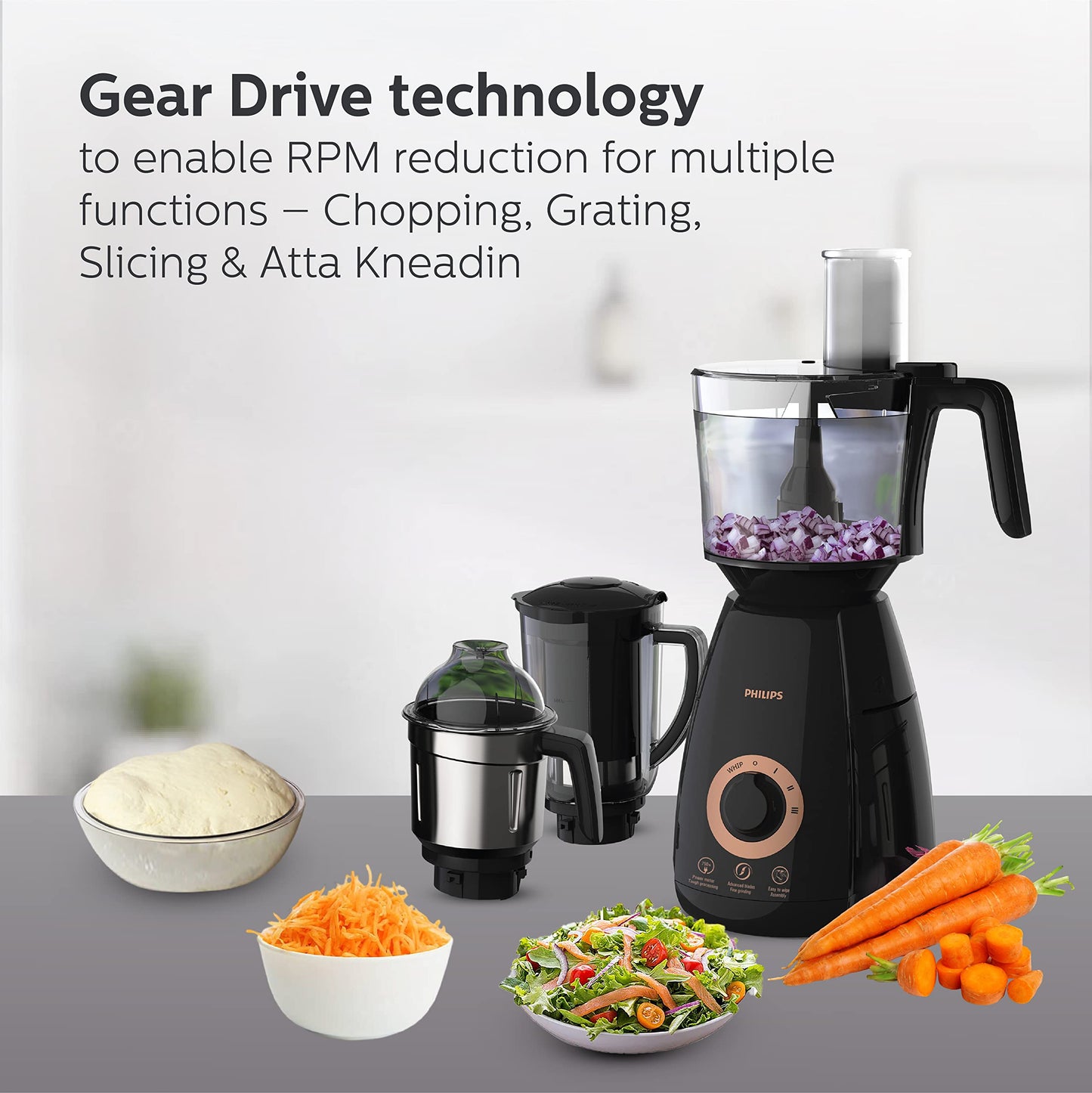 PHILIPS Mixer Grinder + Food Processor, 3-in-1 750 Watt (Mixer Grinder for home + Juicer + Food Processor) 4 Jar, (HL7707/01) 