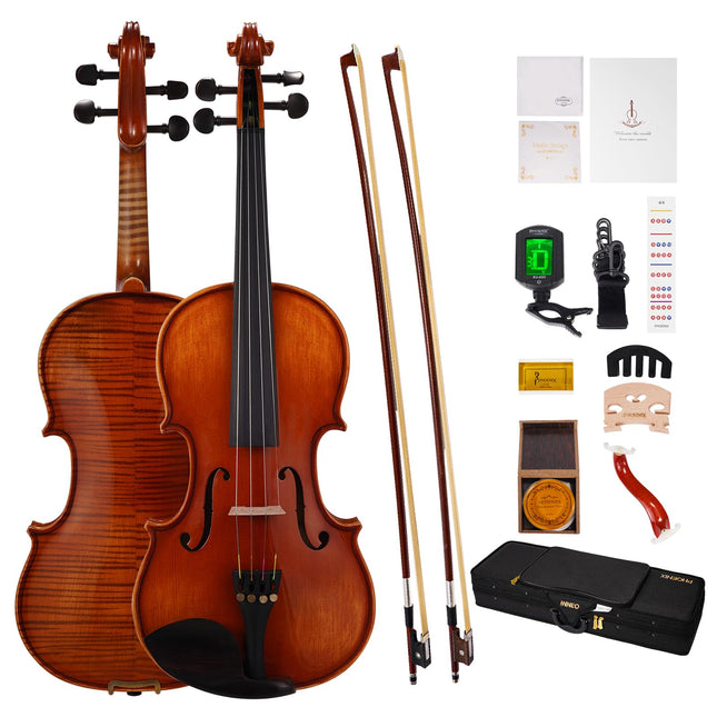 PHOENIX Violin 4/4 Full Size Set, Fiddle Solid Wood for professional Beginners Adults Kid with Ironwood Octagonal Bow & Rosewood Bow Extra strings & Bridge, 2 Rosins, Tuner, Mute, Case 