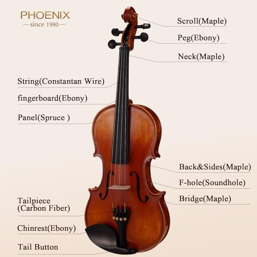 PHOENIX Violin 4/4 Full Size Set, Fiddle Solid Wood for professional Beginners Adults Kid with Ironwood Octagonal Bow & Rosewood Bow Extra strings & Bridge, 2 Rosins, Tuner, Mute, Case 