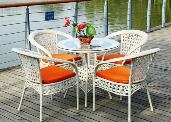 PRATHAMINDIA OFFICIAL STORE 4+1 Outdoor Indoor Patio Furniture Sets Rattan Chair, Wicker Conversation Set Poolside Lawn Chairs Swingarea Balcony Garden Furniture (White & Orange Cushion) 50x50x66 Cm 