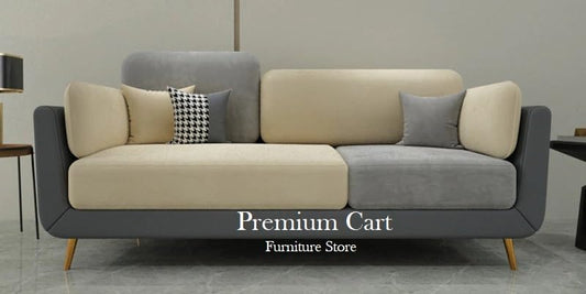 PREMIUM CART Velvet Contemperory Sofa Couch with Cushion Chaise Lounge Sectiona Sofa Perfect for Living Room & Bedroom Guests Home & Office (3 Seater Sofa Grey & Beige) 