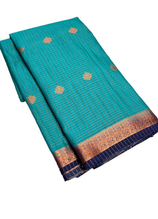 PRISCILLA SECRET Women's Mysore Grape Silk saree with unstitched Blouse (Cyan) 