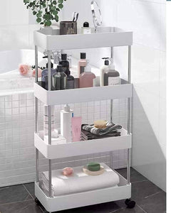 PULSBERY Multipurpose Storage Organizer Slim Rack Shelf with Wheels for Living Room, Office, Bedroom, Bathroom, Kids Room, Kitchen Trolley (White, 4 Layer) Plastic 