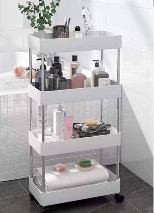 PULSBERY Multipurpose Storage Organizer Slim Rack Shelf with Wheels for Living Room, Office, Bedroom, Bathroom, Kids Room, Kitchen Trolley (White, 4 Layer) Plastic 
