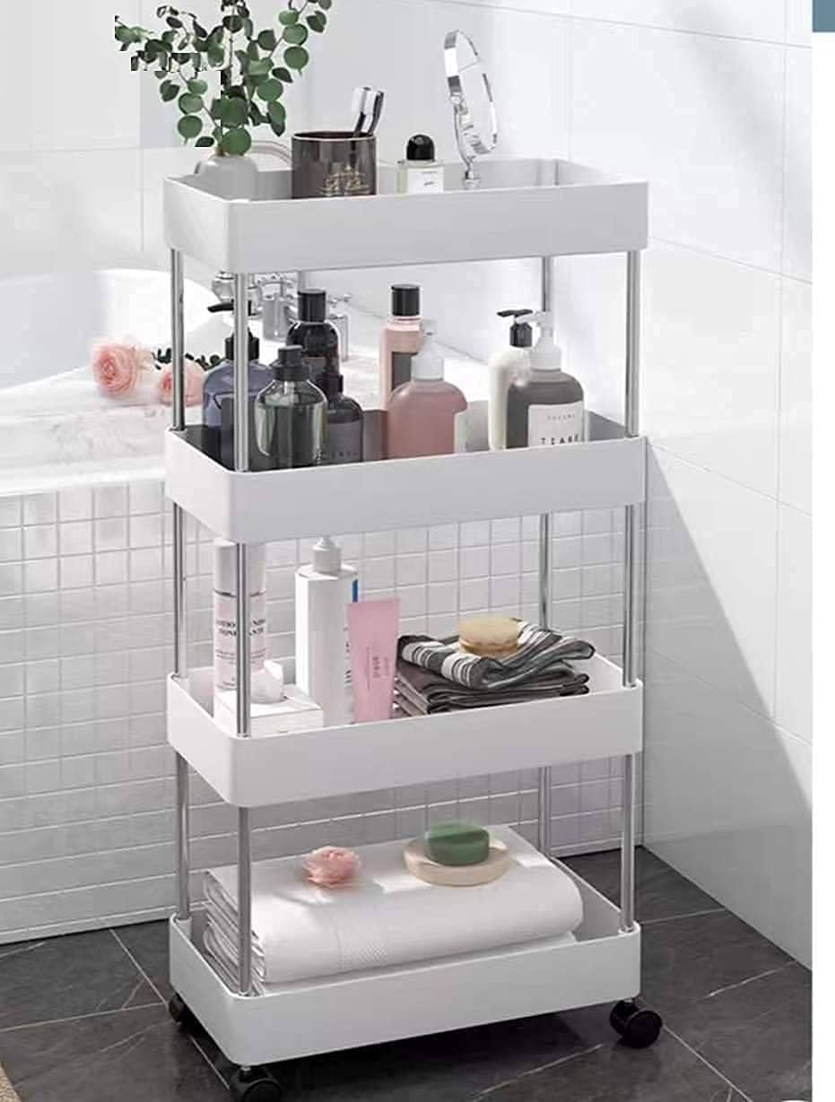 PULSBERY Multipurpose Storage Organizer Slim Rack Shelf with Wheels for Living Room, Office, Bedroom, Bathroom, Kids Room, Kitchen Trolley (White, 4 Layer) Plastic