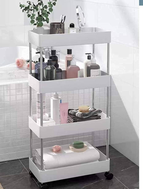 PULSBERY Multipurpose Storage Organizer Slim Rack Shelf with Wheels for Living Room, Office, Bedroom, Bathroom, Kids Room, Kitchen Trolley (White, 4 Layer) Plastic 