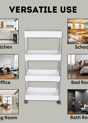 PULSBERY Multipurpose Storage Organizer Slim Rack Shelf with Wheels for Living Room, Office, Bedroom, Bathroom, Kids Room, Kitchen Trolley (White, 4 Layer) Plastic 