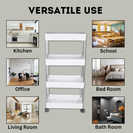 PULSBERY Multipurpose Storage Organizer Slim Rack Shelf with Wheels for Living Room, Office, Bedroom, Bathroom, Kids Room, Kitchen Trolley (White, 4 Layer) Plastic 