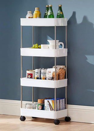 PULSBERY Multipurpose Storage Organizer Slim Rack Shelf with Wheels for Living Room, Office, Bedroom, Bathroom, Kids Room, Kitchen Trolley (White, 4 Layer) Plastic 