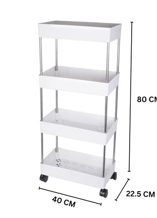 PULSBERY Multipurpose Storage Organizer Slim Rack Shelf with Wheels for Living Room, Office, Bedroom, Bathroom, Kids Room, Kitchen Trolley (White, 4 Layer) Plastic 