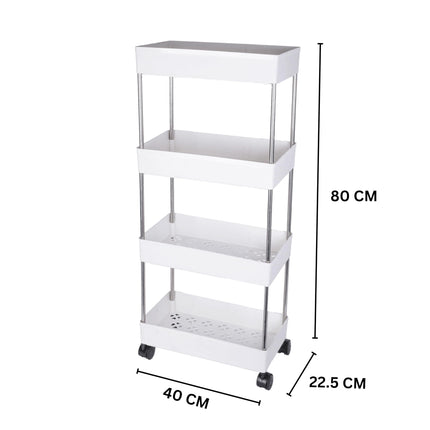 PULSBERY Multipurpose Storage Organizer Slim Rack Shelf with Wheels for Living Room, Office, Bedroom, Bathroom, Kids Room, Kitchen Trolley (White, 4 Layer) Plastic 