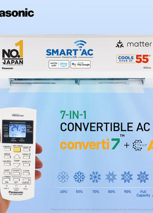 Panasonic 1.0 Ton 4 Star Premium Wi-Fi Inverter Smart Split AC (Matter Enabled, Higher Airflow, Copper Condenser, 7in1 Convertible, True AI, 4-Way, PM 0.1 Filter, CS/CU-NU12AKY4W, White) 