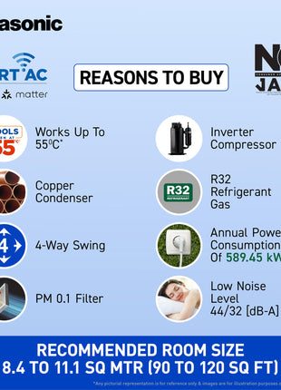 Panasonic 1.0 Ton 4 Star Premium Wi-Fi Inverter Smart Split AC (Matter Enabled, Higher Airflow, Copper Condenser, 7in1 Convertible, True AI, 4-Way, PM 0.1 Filter, CS/CU-NU12AKY4W, White) 