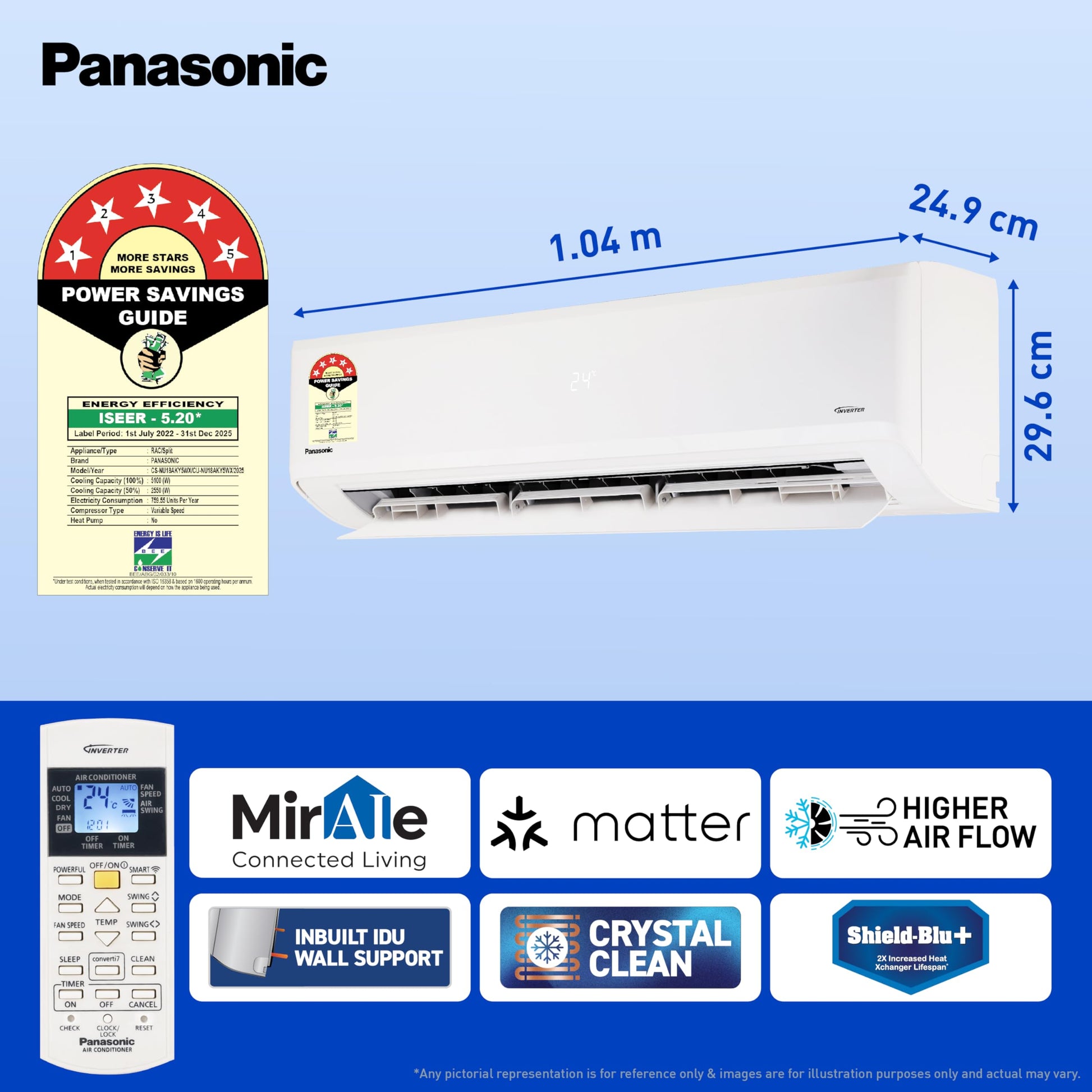 Panasonic 1.5 Ton 5 Star Premium Wi-Fi Inverter Smart Split AC (Matter Enabled, Higher Airflow, Copper Condenser, 7in1 Convertible, True AI, 4-Way, PM 0.1 Filter, CS/CU-NU18AKY5WX, White) 