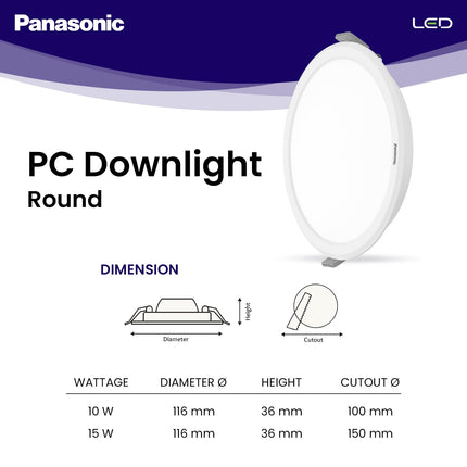 Panasonic 15 Watt LED PC Downlighter, Round False Ceiling Downlight for Home, Office with Cutout 150mm, Cool White Ceiling Downlight (PDLM01157R3) 
