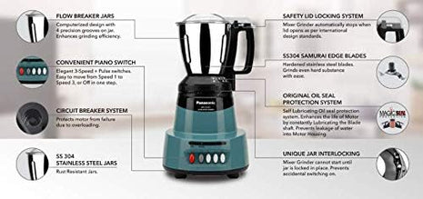 Panasonic MX-AV325 Mixer Grinder 1500W (Max Motor Lock Wattage) 3 Jars|Heavy Duty Motor|Stainless Steel Jars|Double Safety Locking System|3 Speed Control|5 Years Motor Warranty| Coral Blue 