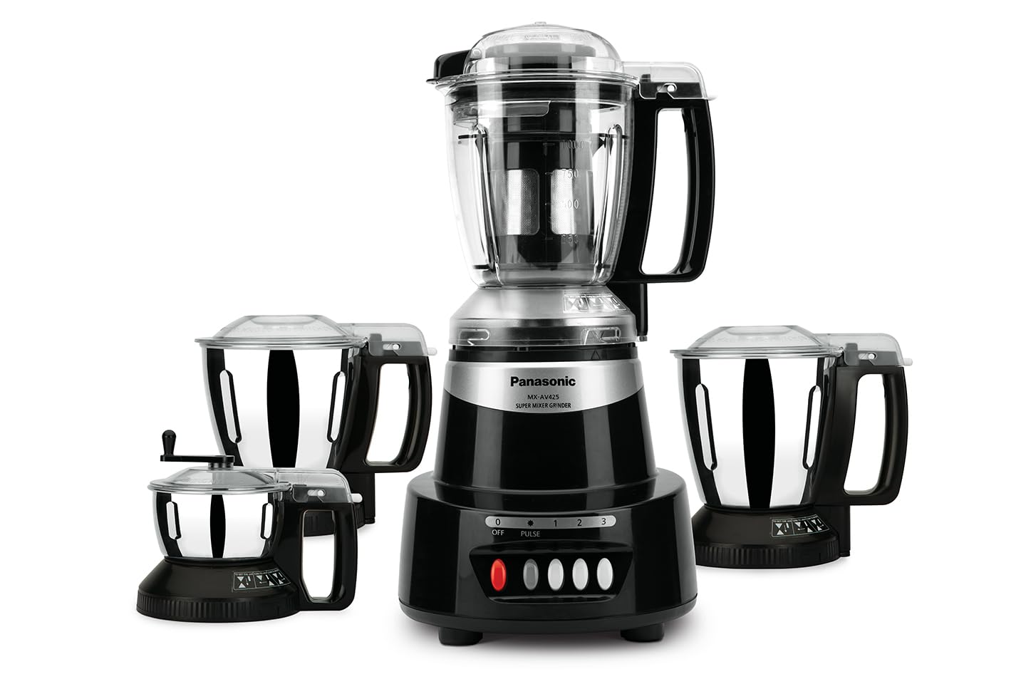 Panasonic Mixer Grinder MX-AV425 (Charcoal Black)Elements Series Powerful 1500W(Max Motor Lock Wattage)4 Jar(Three-304-SS Stainless Steel & 1Juicer Extractor Jar)|Warranty 2 Yrs Product & 5 Yrs Motor 