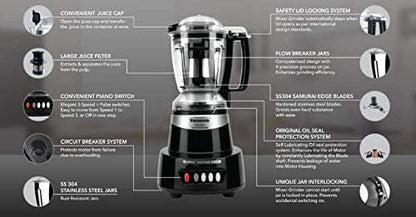 Panasonic Mixer Grinder MX-AV425 (Charcoal Black)Elements Series Powerful 1500W(Max Motor Lock Wattage)4 Jar(Three-304-SS Stainless Steel & 1Juicer Extractor Jar)|Warranty 2 Yrs Product & 5 Yrs Motor 