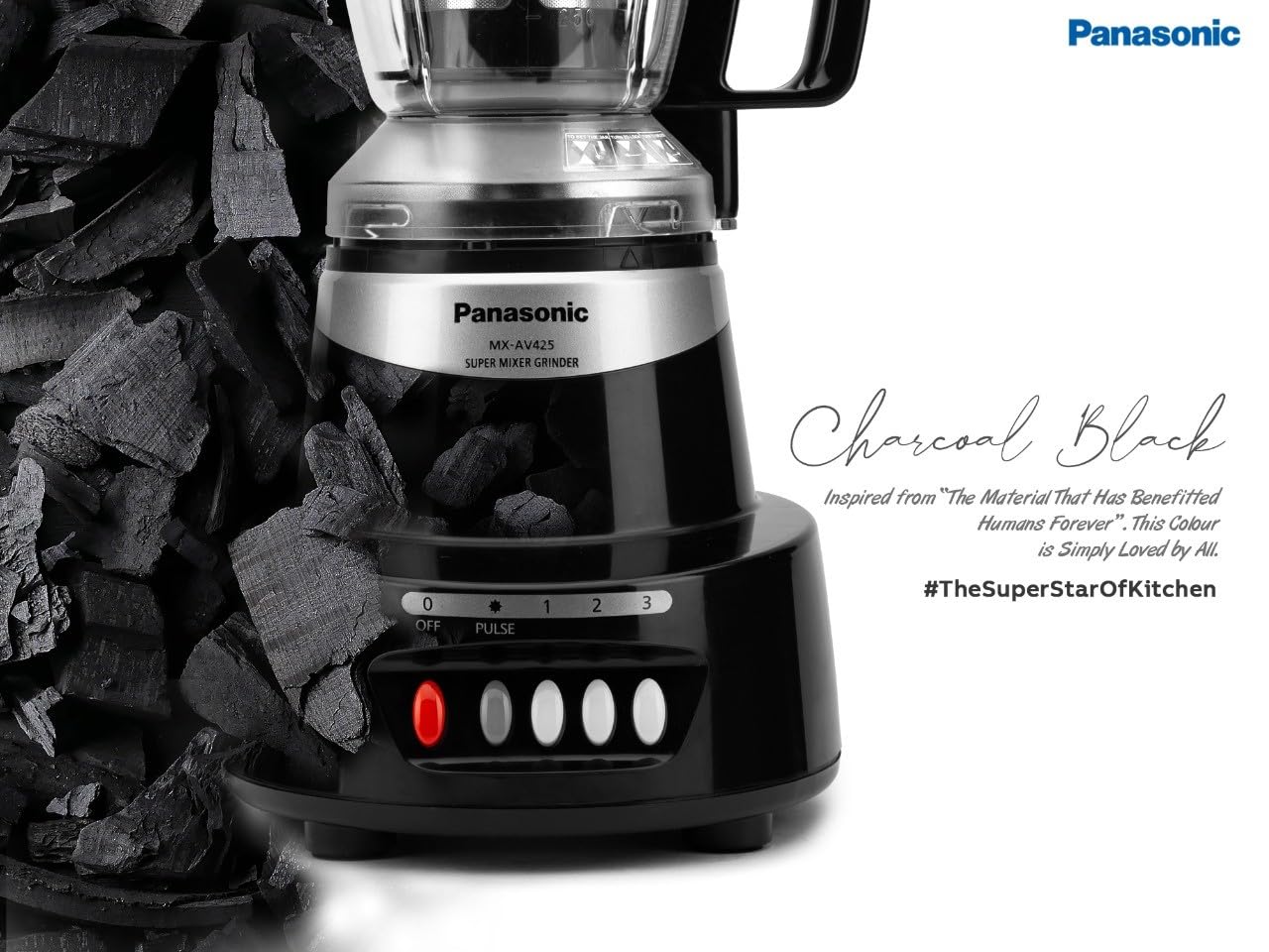 Panasonic Mixer Grinder MX-AV425 (Charcoal Black)Elements Series Powerful 1500W(Max Motor Lock Wattage)4 Jar(Three-304-SS Stainless Steel & 1Juicer Extractor Jar)|Warranty 2 Yrs Product & 5 Yrs Motor 