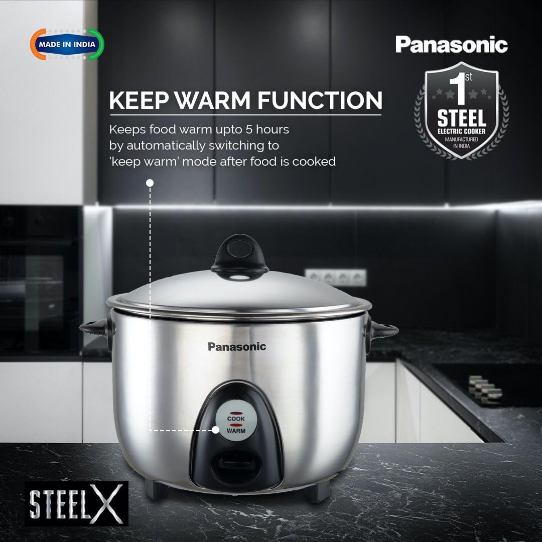 Panasonic SR-G18(SUS) I 660 Watts I Fully 304 Stainless Steel Automatic Electric Rice Cooker 1.8 Litres |3 Layer Stainless Steel Clad Pan, Lid and Plate I Cooks upto 1 Kg Raw Rice|With Keep Warm 