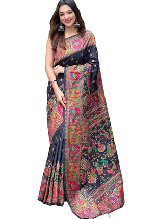 Pandadi Saree Women's Balck Pashmina Kashmiri Silk Saree With Unstitched Blouse Piece 