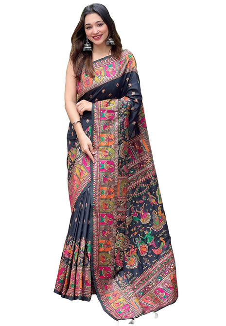 Pandadi Saree Women's Balck Pashmina Kashmiri Silk Saree With Unstitched Blouse Piece 