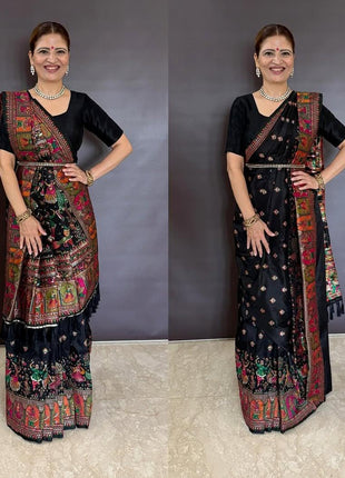 Pandadi Saree Women's Balck Pashmina Kashmiri Silk Saree With Unstitched Blouse Piece 