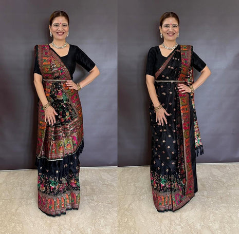 Pandadi Saree Women's Balck Pashmina Kashmiri Silk Saree With Unstitched Blouse Piece 